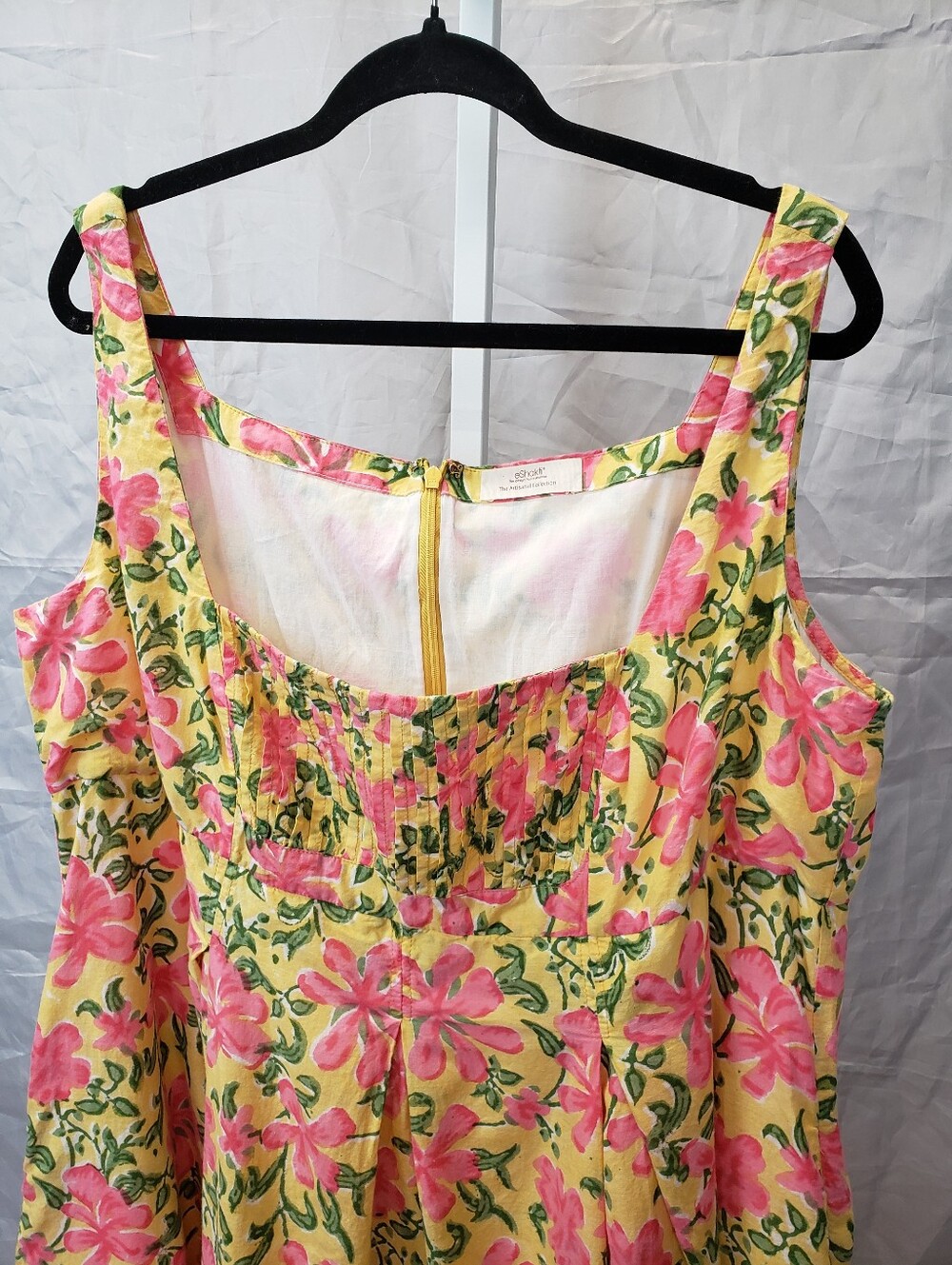 eShakti Yellow Pink Floral Ruched Empire Waist Midi Dress Pockets - Picture 3 of 11
